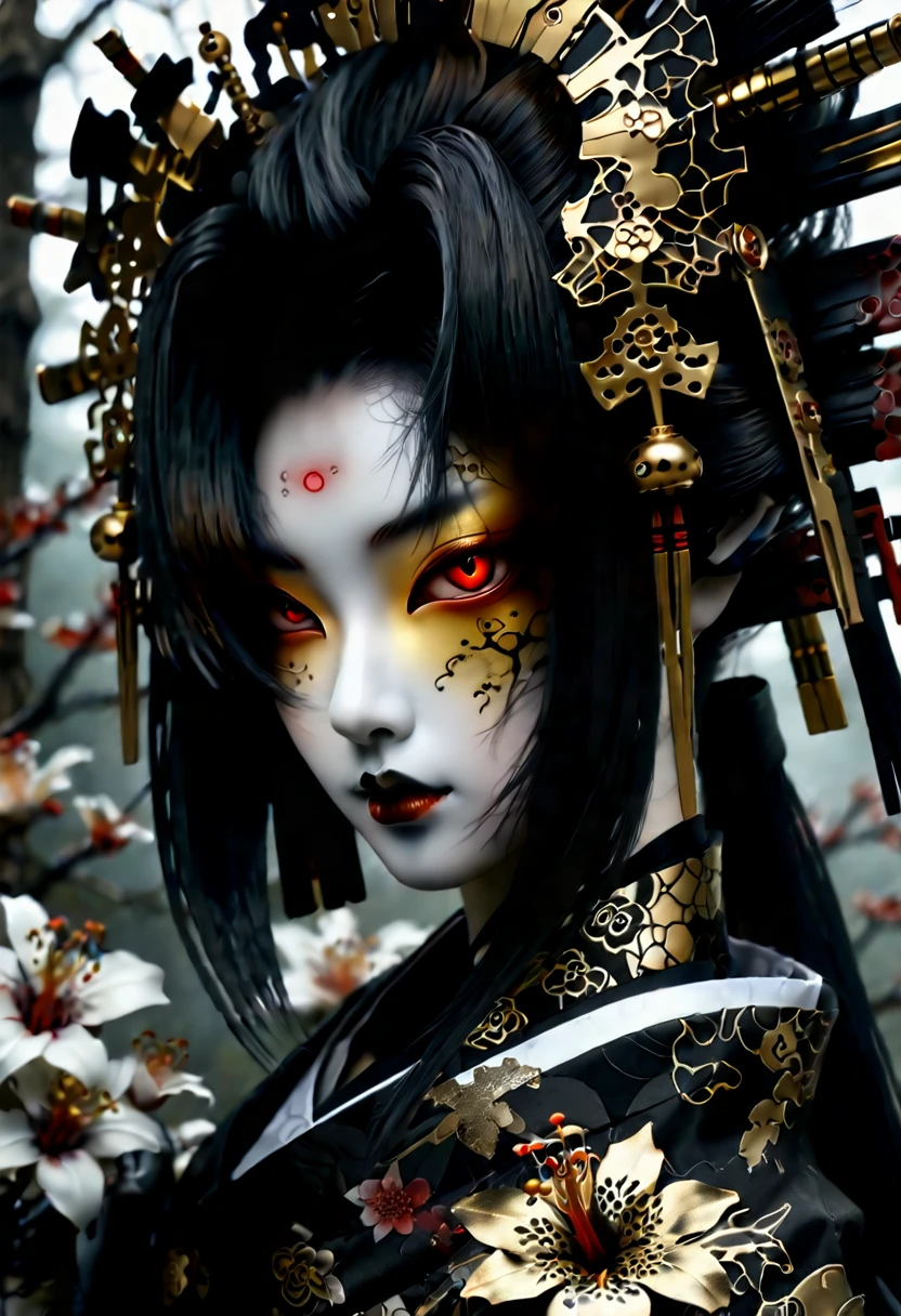 (cyborg geisha cybernetic organism 32k--9:16-ar) carbon fiber mask, hires professional photography of the highest quality, beautiful face shape, perfect anatomy, expressive gaze, dark sci-fi swamp of rotten flowers, misty fog, cyborg tattoos- geishas, ​​black and gold filigree, minimalism. (cyborg geisha, cybernetic organism, full-length, wide angle, centered, no cropping) - AR 9:16 --ar 9:16 --style raw --stylize 1000. Christophe M.
