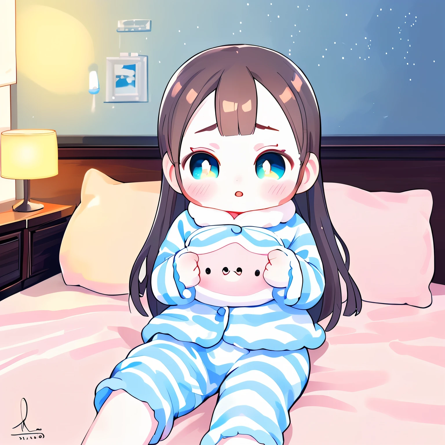 a cute doll in pajamas, photorealistic, beautiful detailed eyes, beautiful detailed lips, extremely detailed face, longeyelashes, 1girl, sitting on bed, having pajama party, warm lighting, soft pastel colors, cozy bedroom interior, plush toys, stuffed animals, decorative pillows, fuzzy blankets, (best quality,4k,8k,highres,masterpiece:1.2),ultra-detailed,(realistic,photorealistic,photo-realistic:1.37),HDR,UHD,studio lighting,ultra-fine painting,sharp focus,physically-based rendering,extreme detail description,professional,vivid colors,bokeh