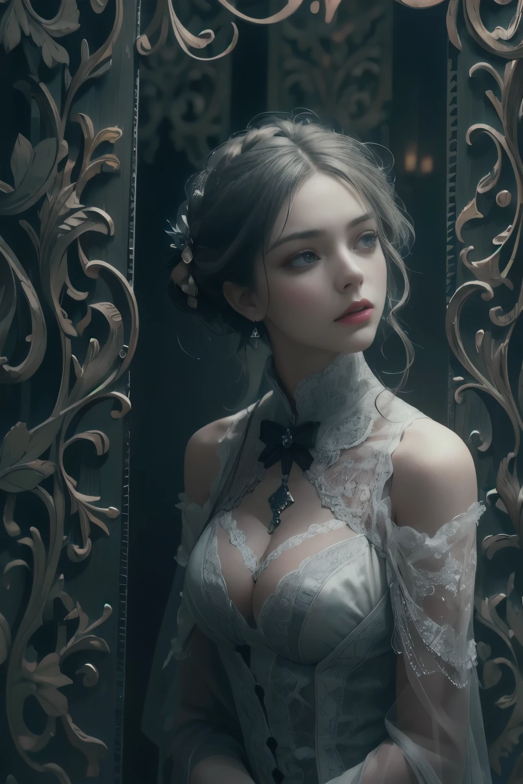 Official Art, Unity 8k wallpaper, super detailed, beautiful, beautiful, masterpiece, best quality,
darkness, atmosphere, mystery, romanticism, creepy, literature, art, fashion, victorian, decoration, intricacies, ironwork, lace, contemplation, emotional depth, supernatural,
1 girl, solo, neck, bust composition