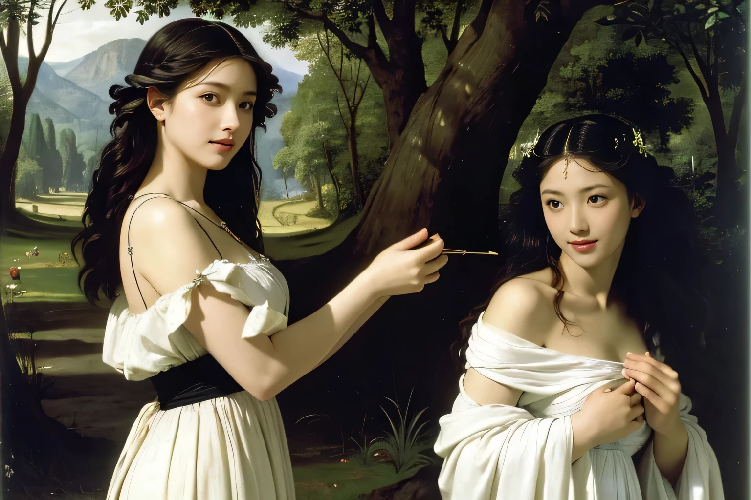 Giorgione painting style,Barbizon forest A beautiful woman in Greek dress smiles on the shore,Sweet and seductive appearance.、Caravaggio's paintings、Chiaroscuro of Caravaggio、hair tousled by the wind,Two women frolicking,cute smile, expression of ecstasy,Sexy,erotic, full body portrait
