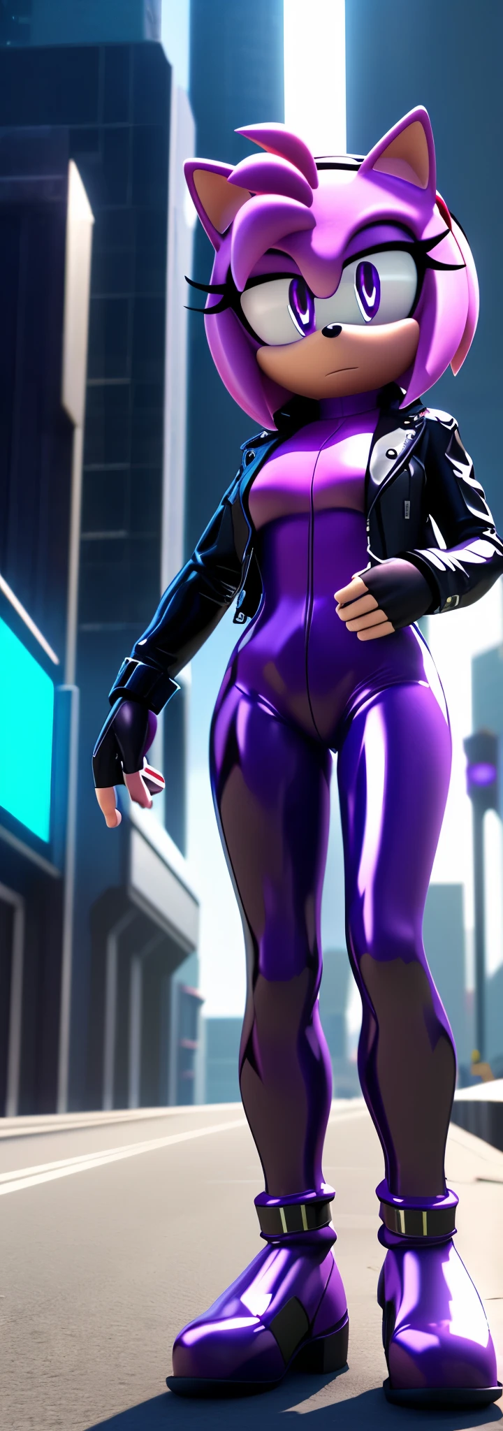 Solo, 1girl, full body image, rendered in SFM, ((sonic oc:1)), from sonic, high detail iconic character, in the new action-movie sonic, ghost in the shell city, official render, 3d render official art, toon shader, ((female)), (((purple hedgehog:1))), ((shiny)) (purple fur:1.0), (((Amy rose style quills))), (((metallic purple eyeliner))) ((deep purple eyes:1.5)), ((calm neutral expression)), ray trace 4 k, ray trace 4k, (((metallic purple latex bodysuit))), (((leather jacket))), ((fingerless gloves:0.9))