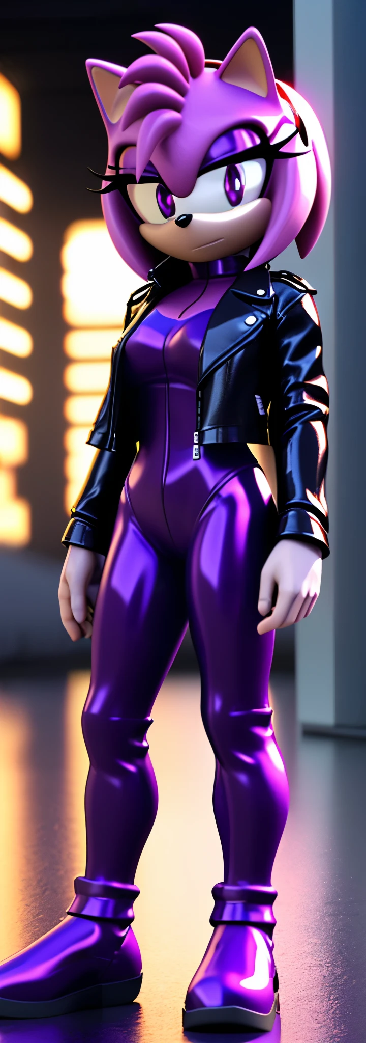 Solo, 1girl, full body image, rendered in SFM, ((sonic oc:1)), from sonic, high detail iconic character, in the new action-movie sonic, cyberpunk city, official render, 3d render official art, toon shader, ((female)), (((purple hedgehog:1))), ((shiny)) (purple fur:1.0), (((Amy rose style quills))), (((metallic purple eyeliner))) ((deep, empty purple eyes:1.5)), ((calm neutral expression)), ray trace 4 k, ray trace 4k, (((metallic purple latex bodysuit))), (((leather jacket))), ((fingerless gloves:0.9))