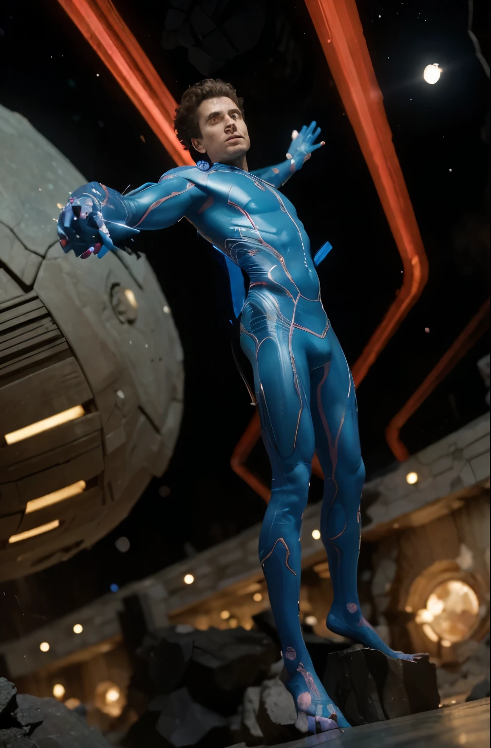 (Best quality, 8k, 32k, Masterpiece, UHD:1.2) "Transform the scene into the fantastical and otherworldly environment of the Negative Zone from Fantastic Four, inspired by the imaginative artistry of Jack Kirby. Picture an alien dimension filled with vibrant, surreal landscapes and otherworldly structures that defy conventional logic.
The sky is an ethereal blend of swirling cosmic colors—brilliant purples, intense blues, and radiant greens—illuminated by strange celestial bodies and energy flares. Floating platforms and jagged, crystalline spires jut out from the ground, their surfaces covered in intricate, Kirby-esque patterns and glowing with an inner light.
In this extraordinary setting, Mr. Fantastic is in action, his limbs stretched to incredible lengths, resembling flexible rubber. His arms and legs extend and coil around the fantastical terrain, adapting to the alien environment with ease. The texture of his elongated limbs mimics the fluid, dynamic lines characteristic of Kirby's art, emphasizing their rubber-like flexibility.
Capture the essence of the Negative Zone by highlighting its chaotic beauty and the surreal, imaginative elements inspired by Jack Kirby's iconic style. The landscape should be filled with floating debris, vibrant energy fields, and otherworldly flora, creating a sense of wonder and danger.
Mr. Fantastic, with his stretched, rubber-like limbs, navigates this bizarre dimension with heroic determination, embodying the spirit of adventure and resilience. The scene should evoke a sense of awe and excitement, showcasing the fantastical elements of the Negative Zone while paying homage to the legendary artistry of Jack Kirby."