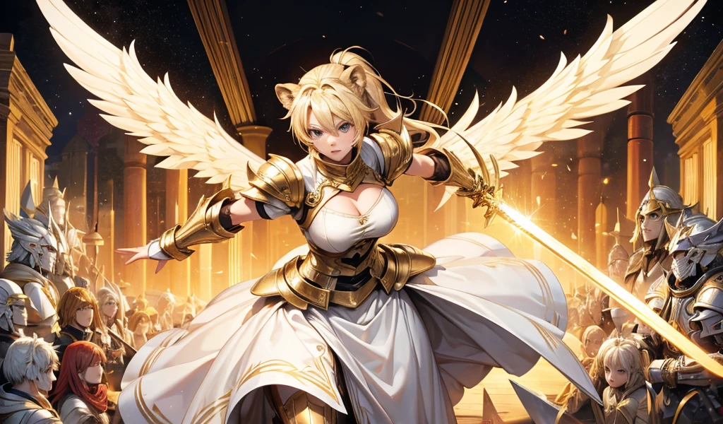 Blonde short ponytail adult woman cleavage,Lion-shaped white armor,wing,long skirt,holding sword with both hands,whole body,front,maze