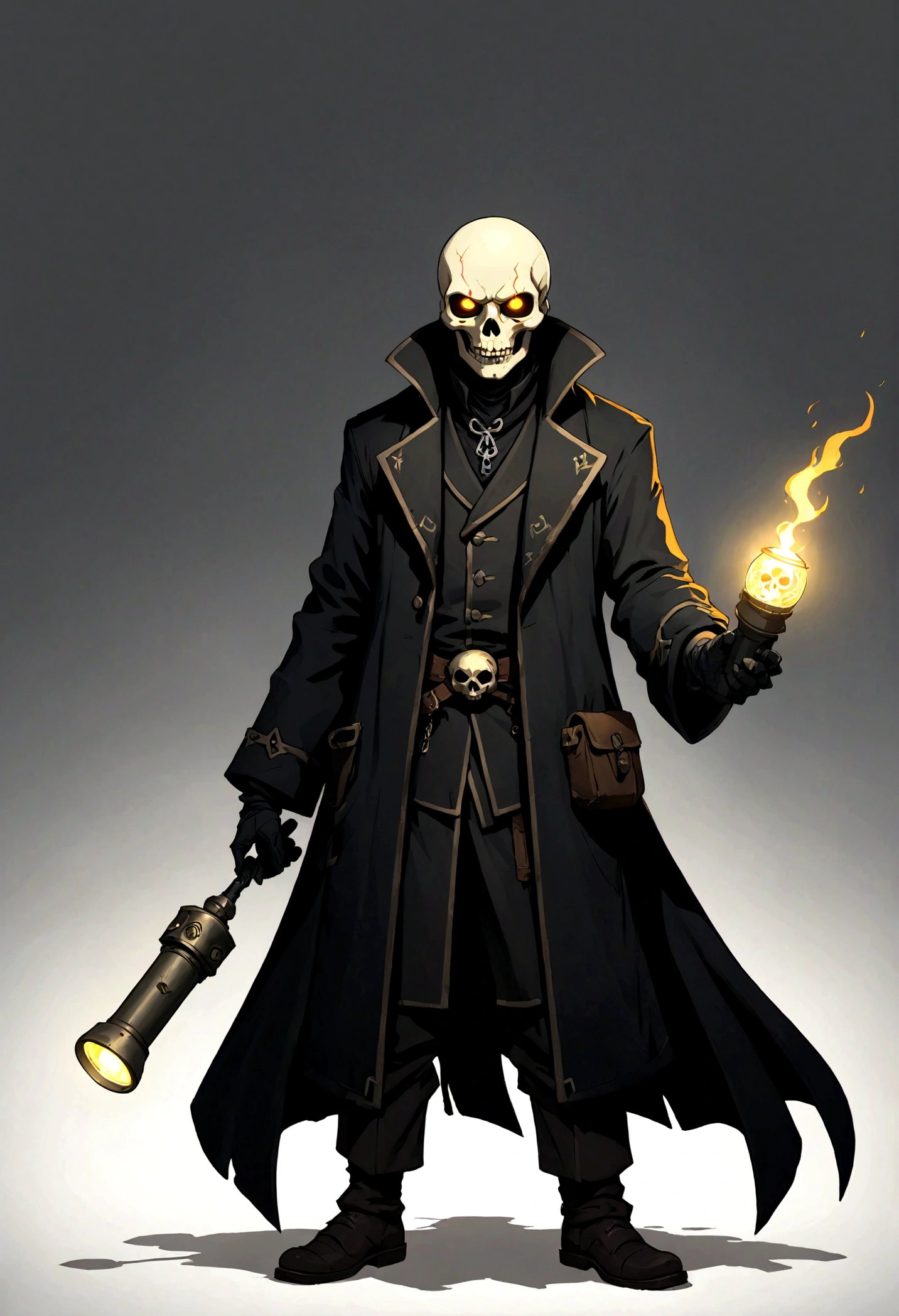 Salesman, black coat, flashlight, flashlight glow illuminating a little bit in front of the body, skull face, glowing eyes. White background, full body, dark color palette, RPG medieval, art style inspired by league of legends and studios ghibli.