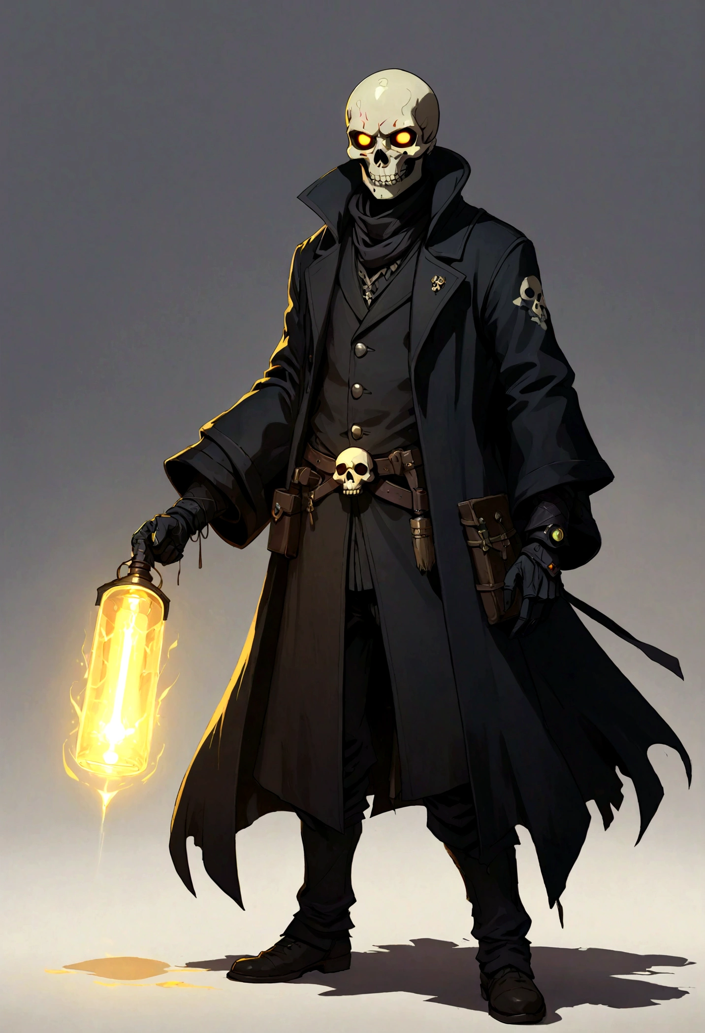 Salesman, black coat, flashlight, flashlight glow illuminating a little bit in front of the body, skull face, glowing eyes. White background, full body, dark color palette, RPG medieval, art style inspired by league of legends and studios ghibli.