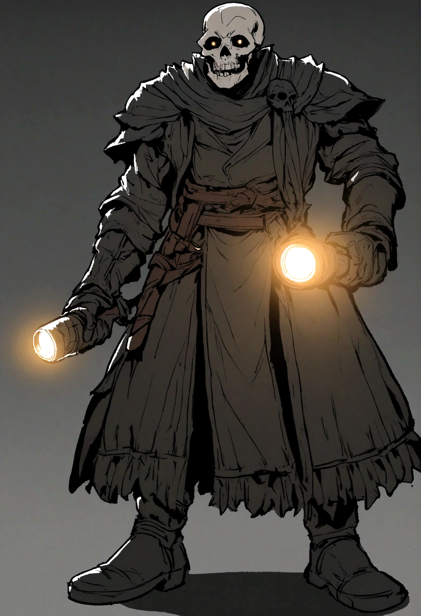 Salesman, black coat, flashlight, flashlight glow illuminating a little bit in front of the body, skull face, glowing eyes. White background, full body, perfect anatomy, dark color palette, RPG medieval, art style inspired by league of legends and studios ghibli.