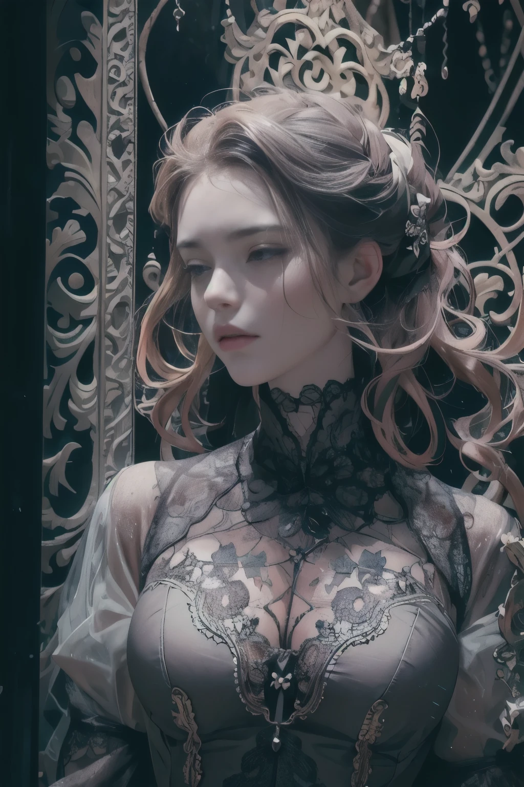 Official Art, Unity 8k wallpaper, super detailed, beautiful, beautiful, masterpiece, best quality,
darkness, atmosphere, mystery, romanticism, creepy, literature, art, fashion, victorian, decoration, intricacies, ironwork, lace, contemplation, emotional depth, supernatural,
1 girl, solo, neck, bust composition