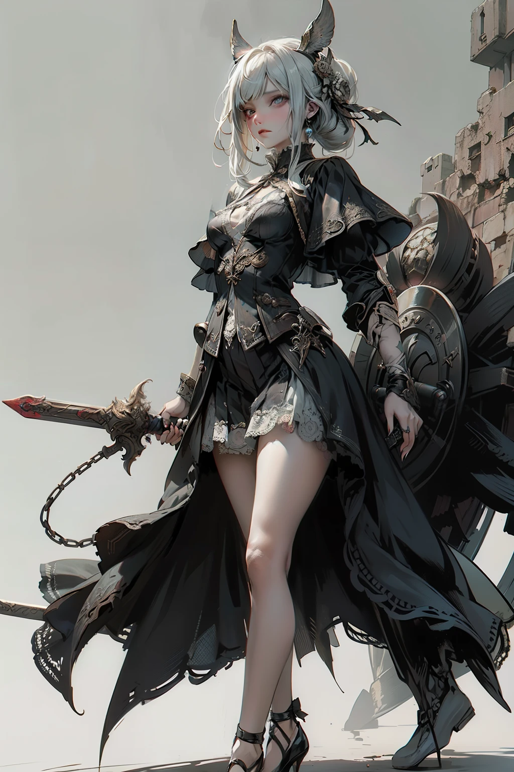((best quality)), ((masterpiece)), (detailed), blank white background, plain background, white background, Bloodborne inspired, occult aesthetic, occult, detailed and intricate steampunk and detailed gothic, NSFW, Very dramatic and cinematic lighting, cosmic horror, grim-dark, side-lighting, perfect face, a beaituful goddess valkyrie adorned and enshrined in armour, Bloodborne inspired valkyrie, occult aesthetic valkyrie, occult valkyrie, detailed and intricate steampunk and detailed gothic valkyrie, wielding a sword and holding a shield, NSFW, Fluttering lace flared long knee length dress with frilly petticoats, knee length dress, pleated petticoats, lolita dress, petticoats gothic lolita, side-lighting, gothic lolita aesthetic, beautiful small breasts, small breasts, full body, whole body, body, plain background, white background, blank background, no background, white background NSFW, full body, whole body, head-to-toe