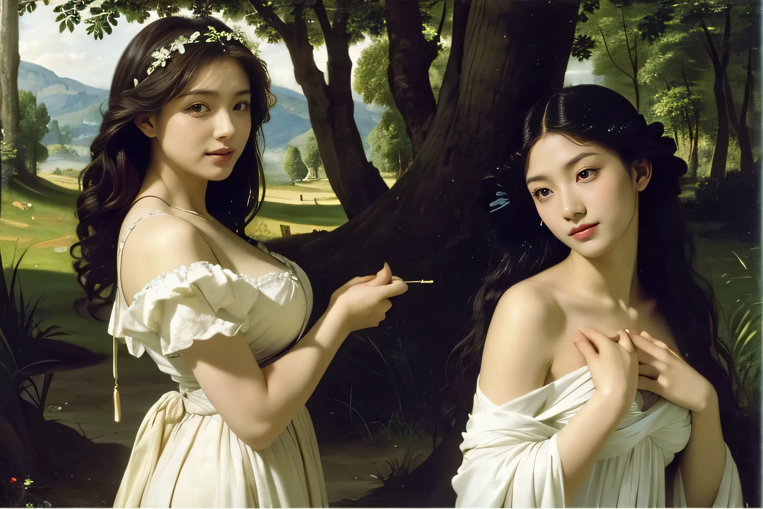 Giorgione painting style,Barbizon forest A beautiful woman in Greek dress smiles on the shore,Sweet and seductive appearance.、Caravaggio's paintings、Chiaroscuro of Caravaggio、hair tousled by the wind,Two women frolicking,cute smile, expression of ecstasy,Sexy,erotic, full body portrait