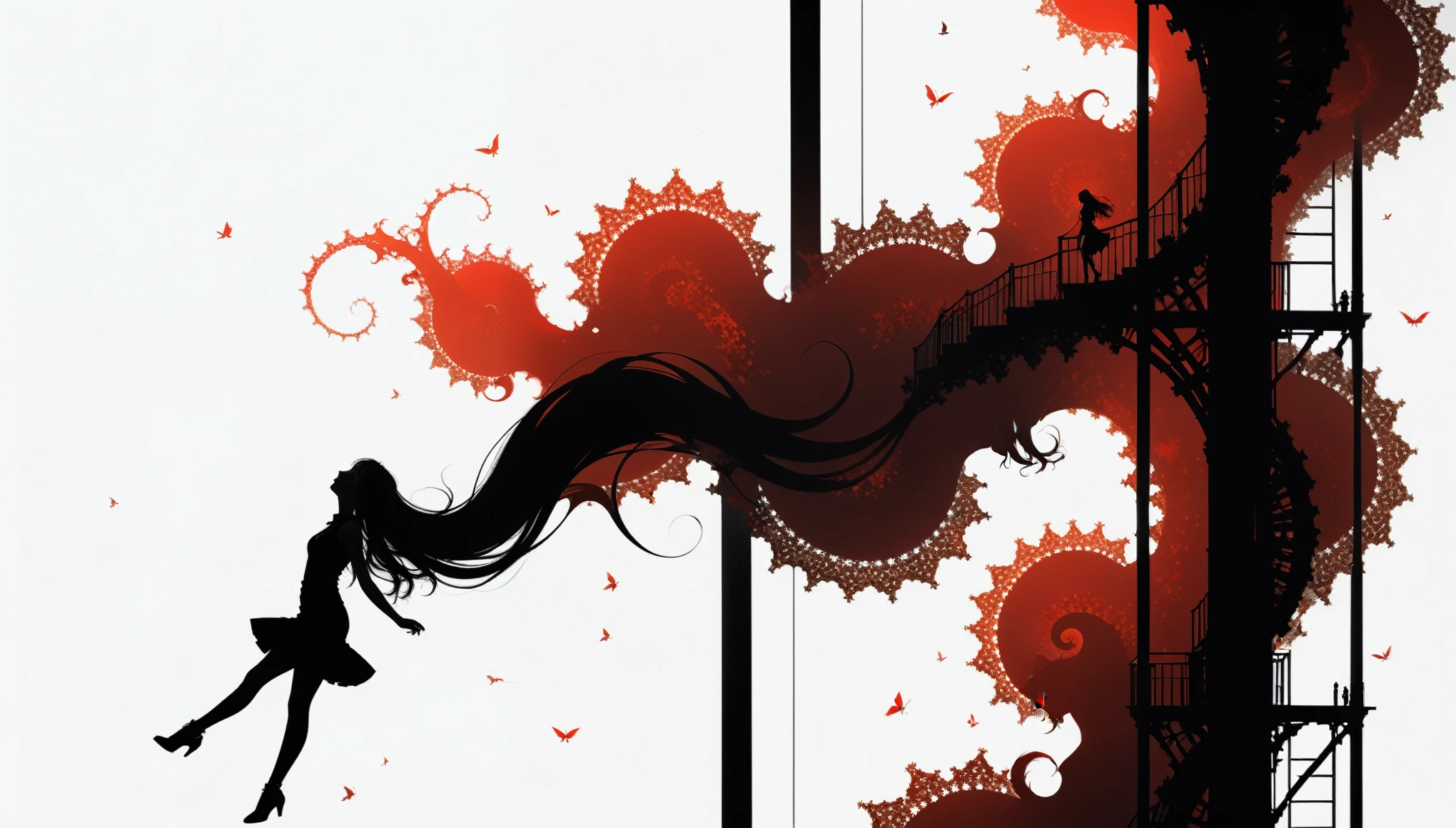 (in style of Ashley Wood:1.3),(in style of Takeshi Obata:0.9), black and white urban skyline background,protruding utility poles,(a red silhouette of a young girl:1.6),minimalist silhouette,red silhouette,black and white background,wide_shot,silhouette of a teenage girl on a telephone pole,(elegant, ornate, hyper realistic, super detailed:1.1),(incredibly long hair fluttering in the wind:1.4)(Upside-down art,Fractal Art:1.4)