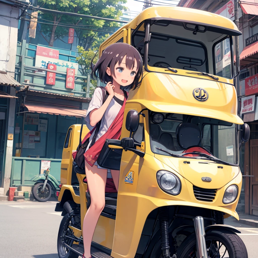 One Girl、Streets of Thailand、On the go、Tuk-tuk ride、Hair blowing in the wind、laughing、Holding your hair with your hands、congestion、