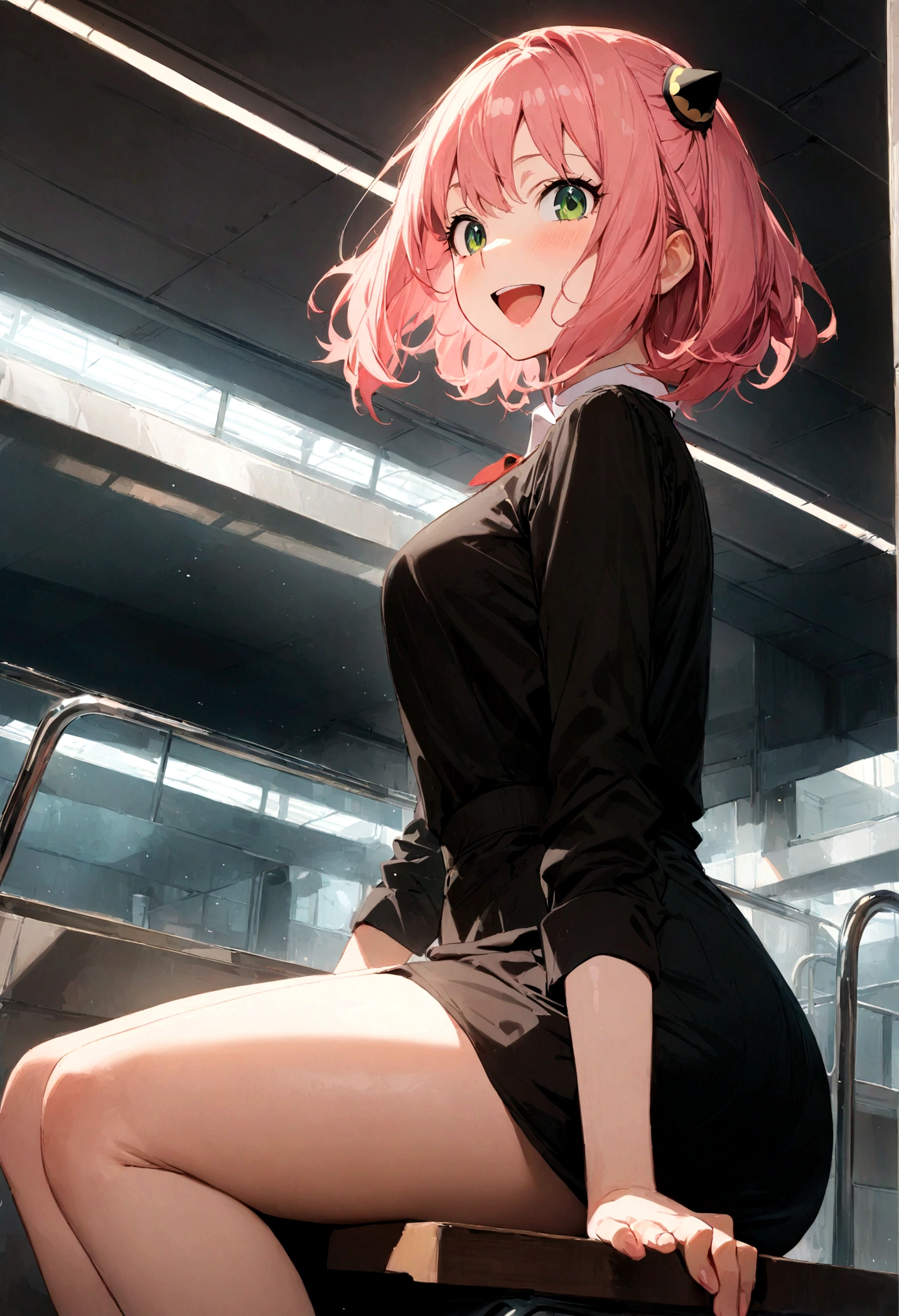 solo, 1girl, Anya forger/(spy x family/), masterpiece, best quality, very aesthetic, absurdres, pink hair, green eyes, short hair, black dress, collared shirt, smile, open mouth, looking at viewer, from side, sitting, desk, table, hair ornament
escalator,commercial facility,summary,Carboy Shot,pantyshot,from below,
nsfw,very aesthetic,masterpiece,best quality,official art,