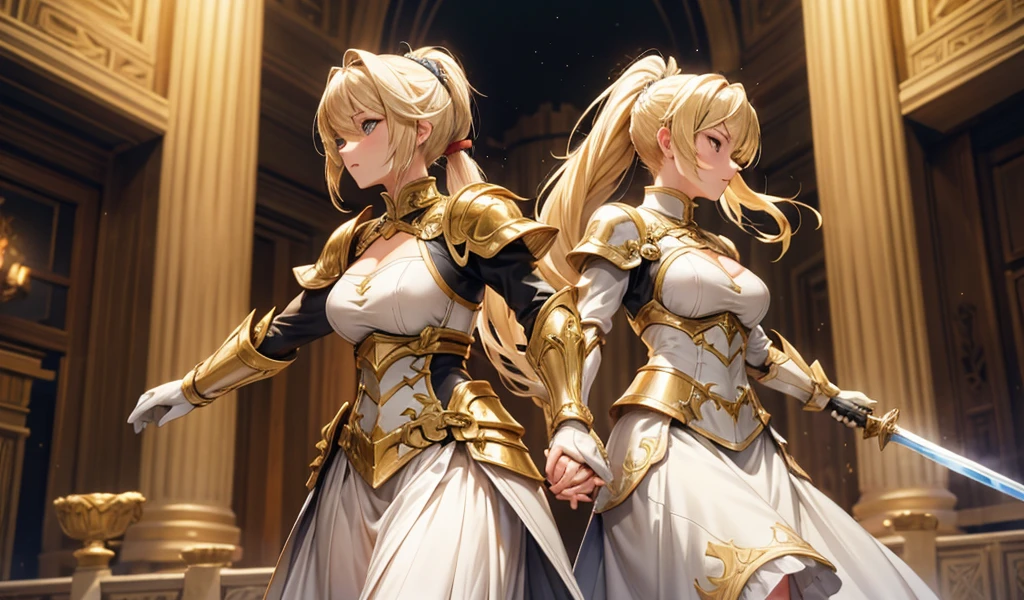 Blonde short ponytail adult woman cleavage，Lion-shaped white armor，wing，long skirt，holding sword with both hands，whole body，front，maze