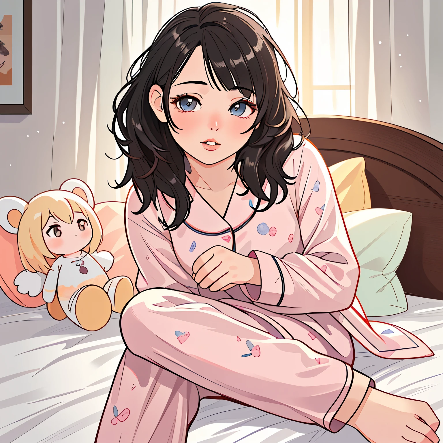 a cute doll in pajamas, photorealistic, beautiful detailed eyes, beautiful detailed lips, extremely detailed face, longeyelashes, 1girl, sitting on bed, having pajama party, warm lighting, soft pastel colors, cozy bedroom interior, plush toys, stuffed animals, decorative pillows, fuzzy blankets, (best quality,4k,8k,highres,masterpiece:1.2),ultra-detailed,(realistic,photorealistic,photo-realistic:1.37),HDR,UHD,studio lighting,ultra-fine painting,sharp focus,physically-based rendering,extreme detail description,professional,vivid colors,bokeh