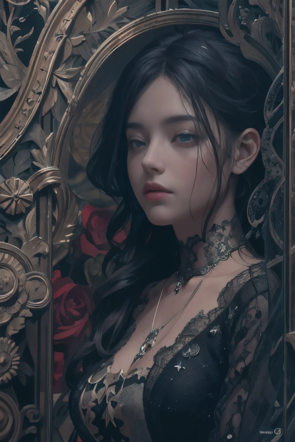 Official Art, Unity 8k wallpaper, super detailed, beautiful, beautiful, masterpiece, best quality,
darkness, atmosphere, mystery, romanticism, creepy, literature, art, fashion, victorian, decoration, intricacies, ironwork, lace, contemplation, emotional depth, supernatural,
1 girl, solo, neck, bust composition