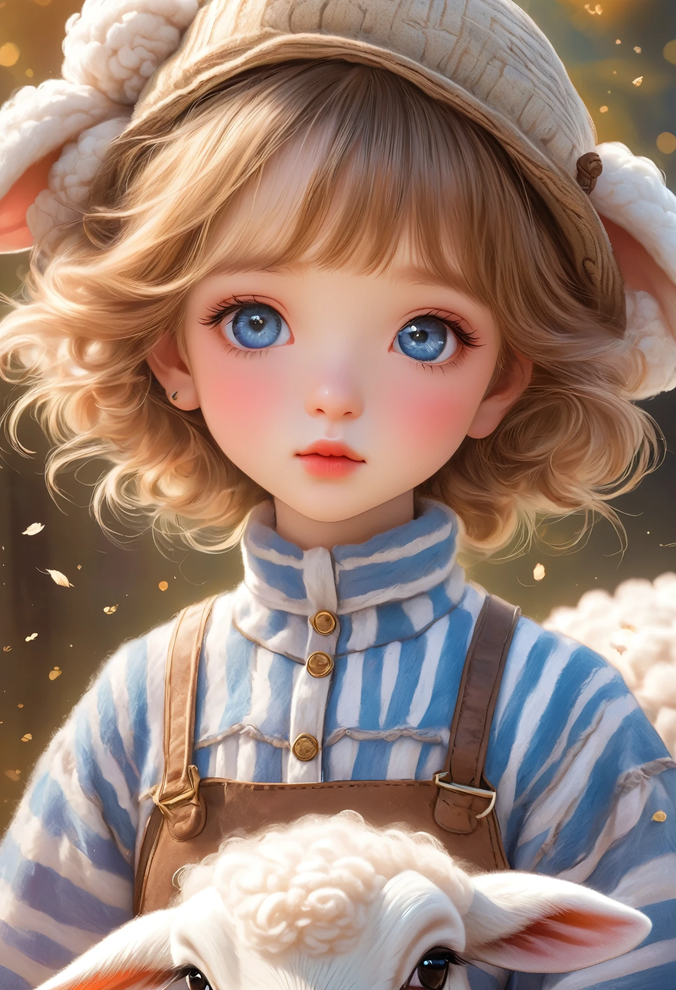 1girl, beautiful detailed eyes, beautiful detailed lips, extremely detailed face, longeyelashes, cloud, fluffy, sheep, solo, striped, vertical stripes, best quality, 8k, highres, masterpiece:1.2, ultra-detailed, realistic, photorealistic:1.37, HDR, studio lighting, ultra-fine painting, sharp focus, physically-based rendering, extreme detail description, professional, vivid colors, bokeh, fantasy, dreamlike, serene, pastel colors