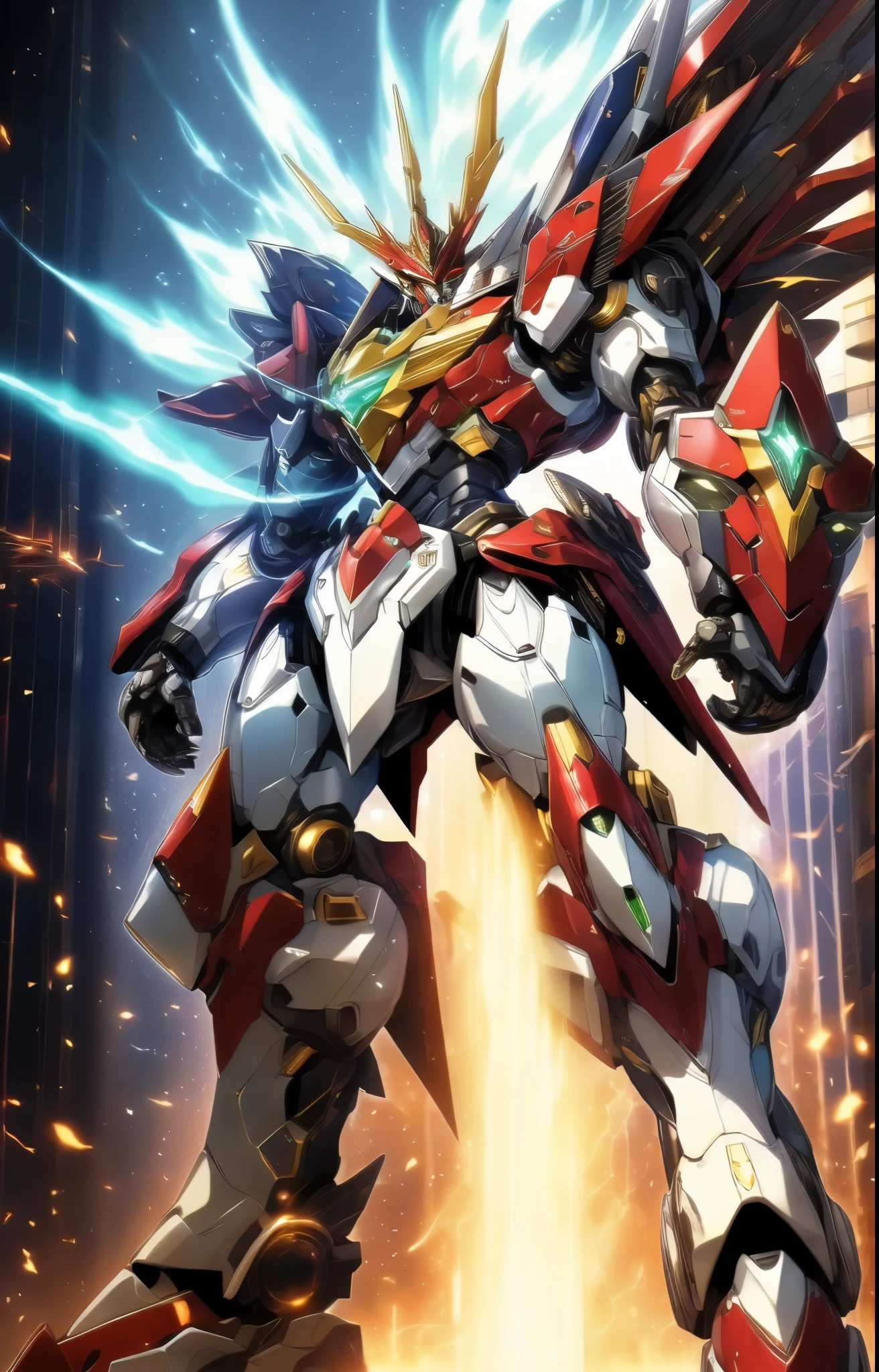 Humanoid Mecha, fully enclosed shoulder guards, matching arm and leg guards, full body, full armor, the design balances heavy with agility, (the color scheme is primarily white with red and blue accents, the concept Inspired by Super robot, organic biotech armor, pose, standing, floating high above the futuristic sci-fi city), exquisite and mature art style, (aura effect, energy, glowing eyes, the armor glows), ((SRS)), metallic, dynamic, dramatic, high definition, best quality, highres, ultra-detailed, ultra-fine painting, extremely delicate, professional, perfect body proportions, anatomically correct, symmetrical face, extremely detailed eyes and face, high quality eyes, creativity, RAW photo, UHD, 32k, Natural light, cinematic lighting, masterpiece-anatomy-perfect, masterpiece:1.5