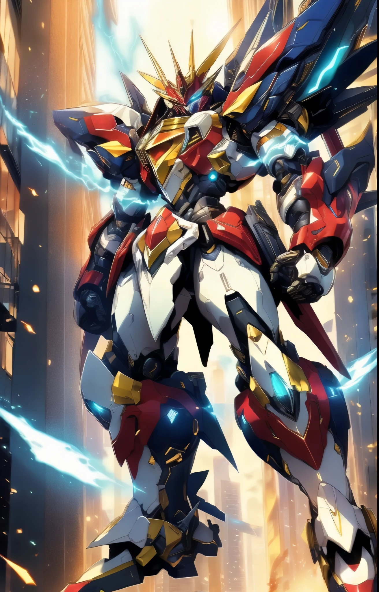 Humanoid Mecha, fully enclosed shoulder guards, matching arm and leg guards, full body, full armor, the design balances heavy with agility, (the color scheme is primarily white with red and blue accents, the concept Inspired by Super robot, organic biotech armor, pose, standing, floating high above the futuristic sci-fi city), exquisite and mature art style, (aura effect, energy, glowing eyes, the armor glows), ((SRS)), metallic, dynamic, dramatic, high definition, best quality, highres, ultra-detailed, ultra-fine painting, extremely delicate, professional, perfect body proportions, anatomically correct, symmetrical face, extremely detailed eyes and face, high quality eyes, creativity, RAW photo, UHD, 32k, Natural light, cinematic lighting, masterpiece-anatomy-perfect, masterpiece:1.5