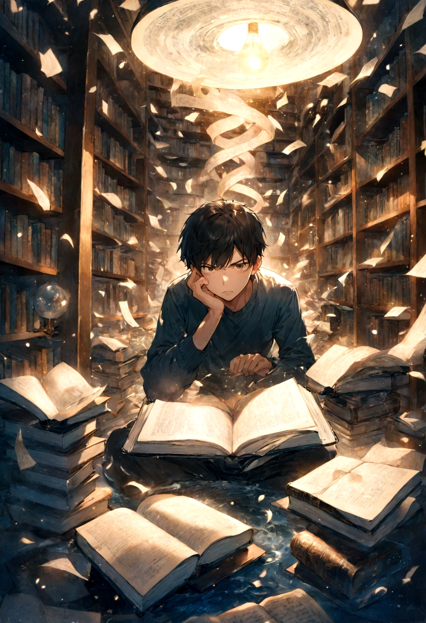 male student engrossed in study, angry student, huge book drowning them in knowledge, surrounded by layers of scrolls and floating notes, a lamp casting warm light, brightly lit room with shelves full of books, night study session, manga illustration , hand-drawn, textured details, expressive faces, dynamic lines.