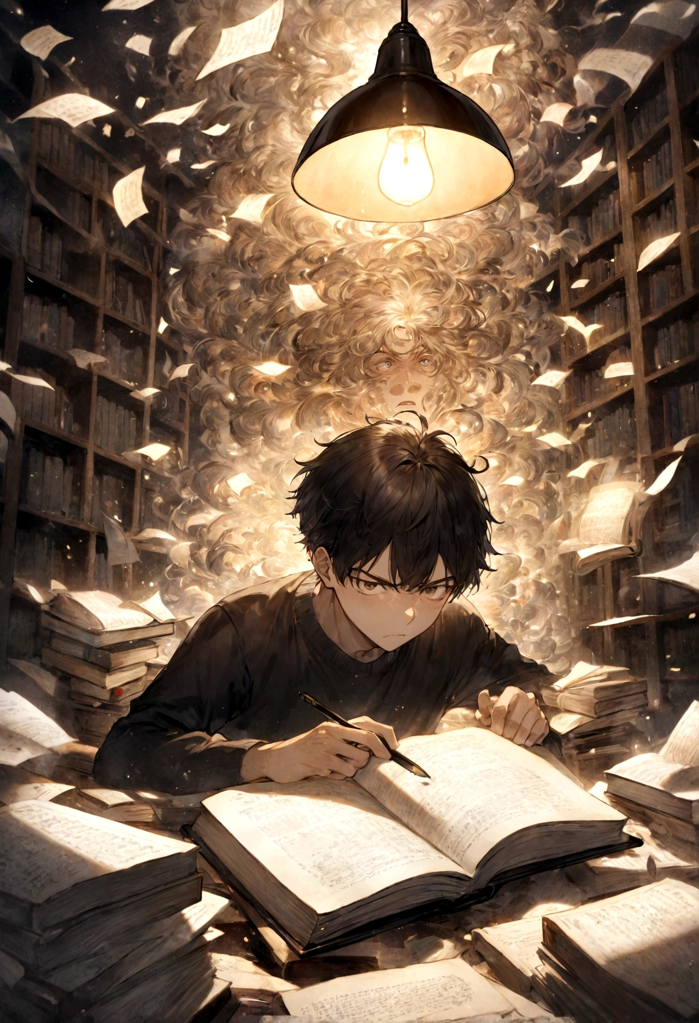 male student engrossed in study, angry student, huge book drowning them in knowledge, surrounded by layers of scrolls and floating notes, a lamp casting warm light, brightly lit room with shelves full of books, night study session, manga illustration , hand-drawn, textured details, expressive faces, dynamic lines.