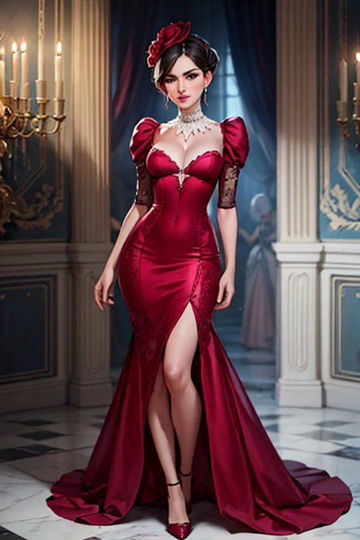1 garota, longos cabelos ruivos, olhos vermelhos, thin lips, rosto redondo, seios enormes cobertos, quadris largos, wearing clothes of the Victorian aristocracy,um vestido vermelho de gala,uma duquesa, arrogant and ironic look, standing holding a glass of wine, olhando para o espectador , palace gala hall scenery,SFW