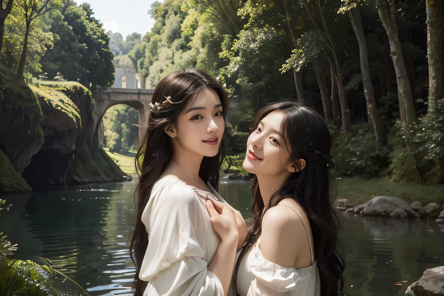Giorgione painting style,Barbizon forest A beautiful woman in Greek dress smiles on the shore,Sweet and seductive appearance.、Caravaggio's paintings、Chiaroscuro of Caravaggio、hair tousled by the wind,Two women frolicking,cute smile, expression of ecstasy,Sexy,erotic, full body portrait