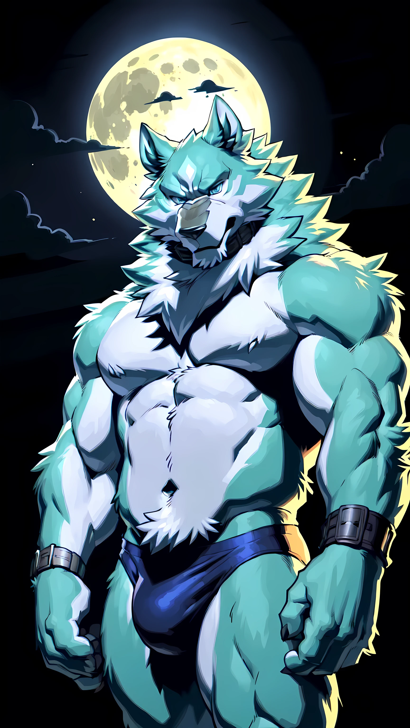 shirou_ogami, shirou_BNA, 4k, high resolution, best quality, detailed, posted on e621, solo, anthro body, older male, masculine, male, very masculine, (very muscular, strong pectorals, defined muscles, sixpack):1.0, (night background, dark background, big moon, full moon, fog, clouds, backlight:1.1), correct anatomy, (ice blue eyes, detailed eyes:1.1), detailed face, detailed head, sexy, (cel shaded, cartoony shading, strong shadows, dramatic lighting):1.3, confident, (by takemoto arashi, by meesh, by Taran Fiddler), strong, (half body, upper body:1.1), stern face, mwvector, speedos, strong posture