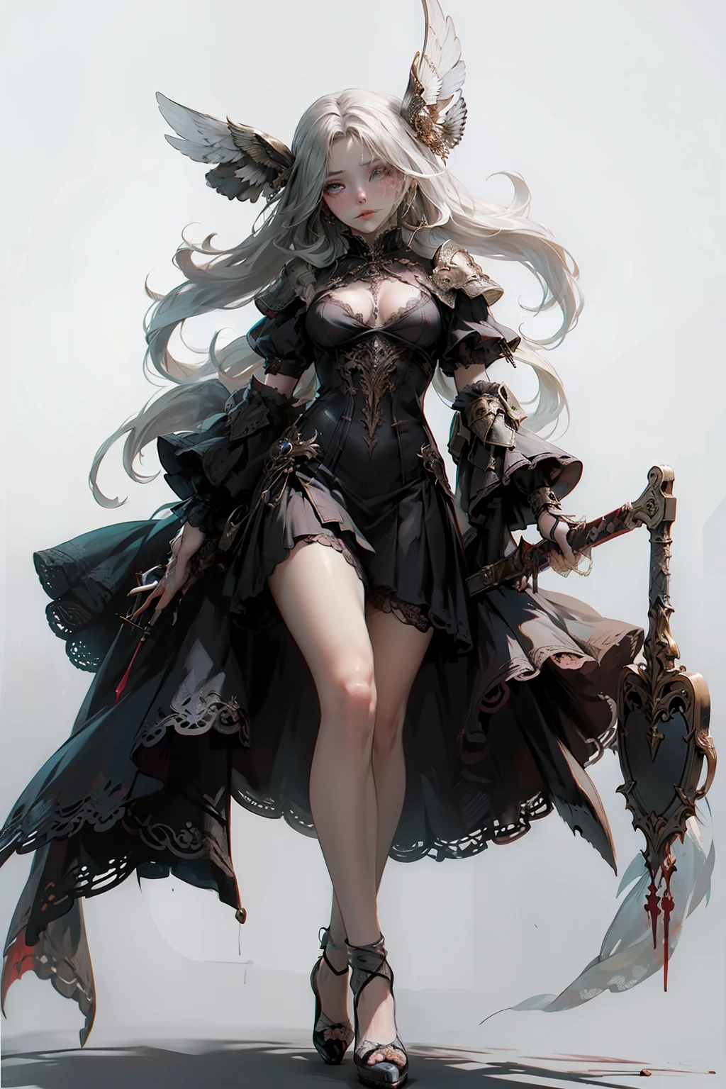 ((best quality)), ((masterpiece)), (detailed), blank white background, plain background, white background, Bloodborne inspired, occult aesthetic, occult, detailed and intricate steampunk and detailed gothic, NSFW, Very dramatic and cinematic lighting, cosmic horror, grim-dark, side-lighting, perfect face, a beaituful goddess valkyrie adorned and enshrined in armour, Bloodborne inspired valkyrie, occult aesthetic valkyrie, occult valkyrie, detailed and intricate steampunk and detailed gothic valkyrie, wielding a sword and holding a shield, NSFW, Fluttering lace flared long knee length dress with frilly petticoats, knee length dress, pleated petticoats, ta dress, petticoats gothic loliside-lighting, gothic lolita aetic, beautiful small breasts, small breasts, full body, whole body, body, plain background, white background, blank background, no background, white background NSFW, full body, whole body, head-to-toe