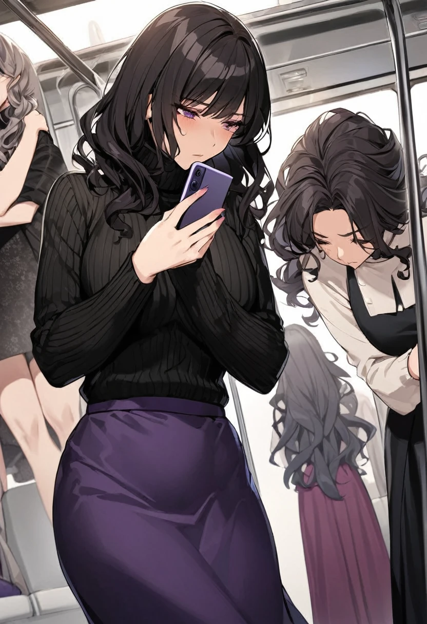 sharp focus,detailed face,(black medium hair),wavy hair,3females,(turtleneck black sweater),28 years old,thick upper arm,standing in train,looking down at own smartphone,face-down,dark purple skirt, tulle long skirt,seductive mature woman,beautiful and adult face,suffering,