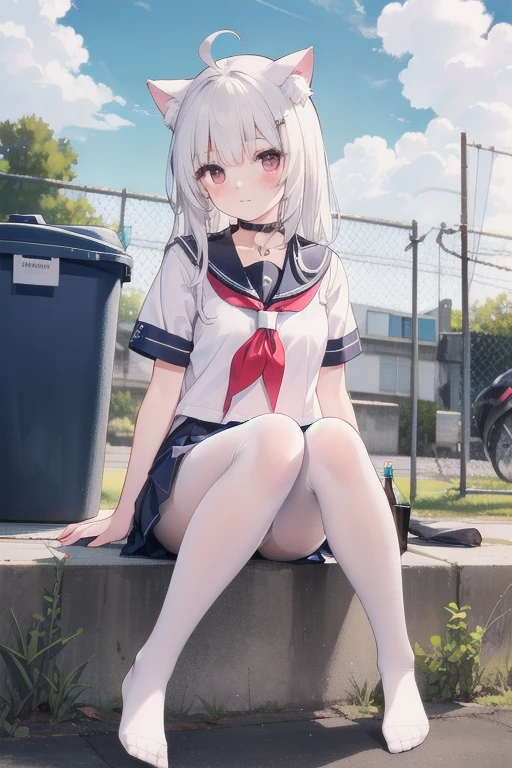 ((masterpiece, best quality)),a girl, solo, skirt, sky, sitting, pantyhose, serafuku, cloud,outdoors, neckerchief ,day, bangs, fence, shirt, ahoge, rooftop, long hair, white pantyhose,white hair, white , white sailor collar,red eyes, sailor collar, white skirt, red neckerchief, white serafuku, animal ears, blue sky,white shirt, looking at viewer, closed mouth,cat ears, chain-link fence, white skirt, cloudy sky, trash can, pleated,no shoes，Exposing underwear