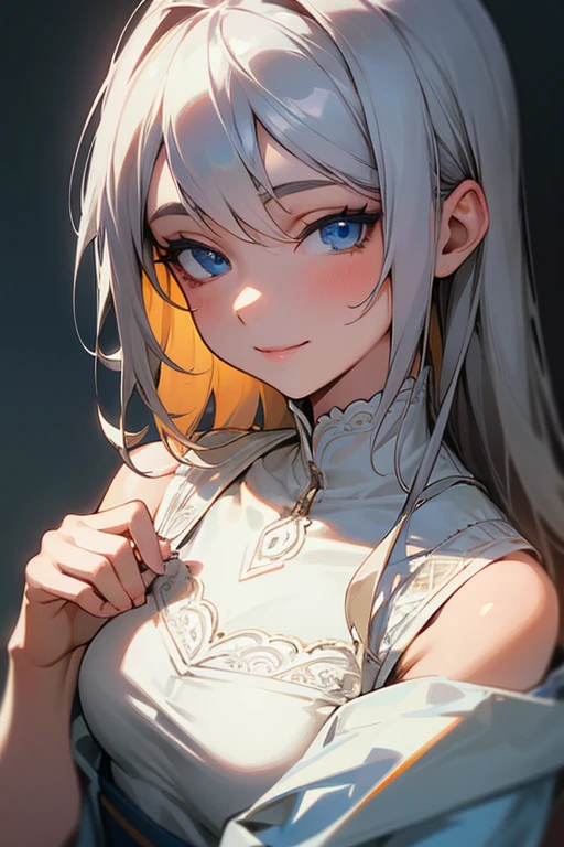 (masterpiece: 1.2, highest quality), (Actual Photos, Intricate details), 1. woman, alone, Upper Body, casual, Shoulder-length hair, Minimal makeup, Natural materials, Face close-up, smile, Home, Gray Hair, blue eyes, Shoulder Bare、