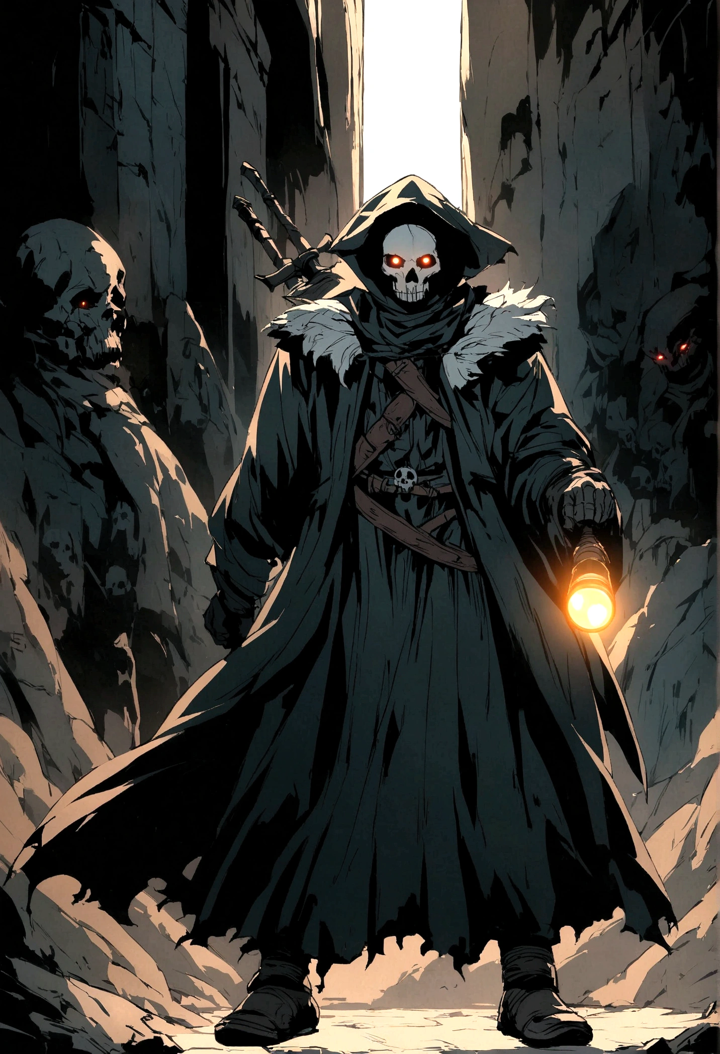 Salesman, black coat, flashlight, flashlight glow illuminating a little bit in front of the body, skull face, glowing eyes. White background, full body, dark color palette, RPG medieval, art style inspired by league of legends and studios ghibli.