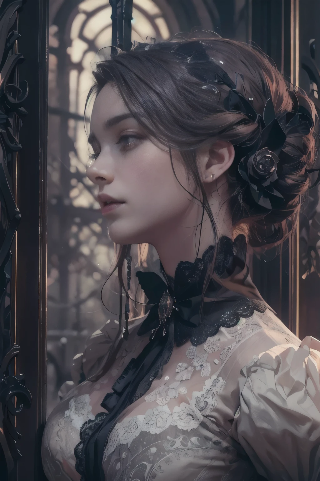Official Art, Unity 8k wallpaper, super detailed, beautiful, beautiful, masterpiece, best quality,
darkness, atmosphere, mystery, romanticism, creepy, literature, art, fashion, victorian, decoration, intricacies, ironwork, lace, contemplation, emotional depth, supernatural,
1 girl, solo, neck, bust composition