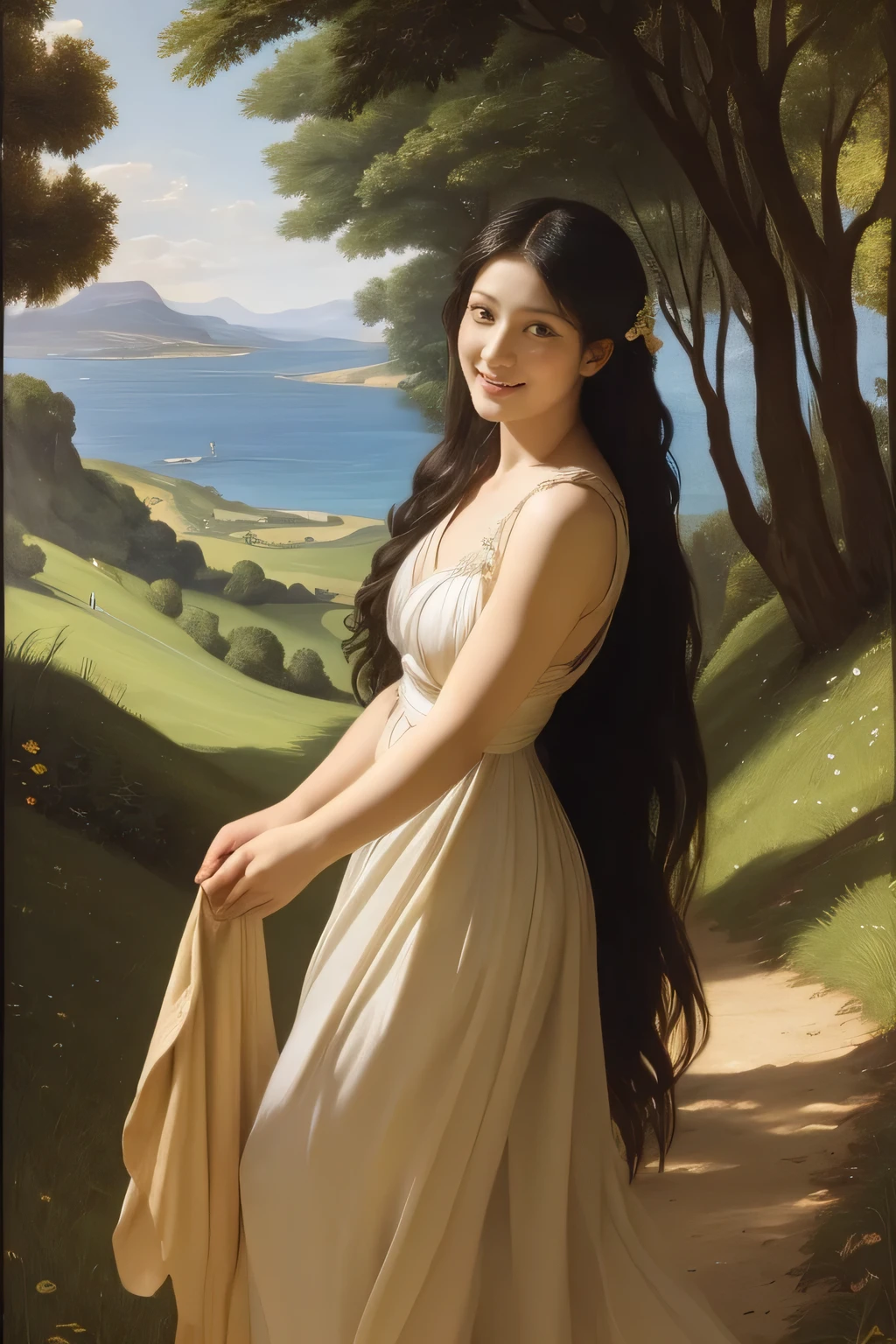 Giorgione painting style,Barbizon forest A beautiful woman in Greek dress smiles on the shore,Sweet and seductive appearance.、Caravaggio's paintings、Chiaroscuro of Caravaggio、hair tousled by the wind,Two women frolicking,cute smile, expression of ecstasy,Sexy,erotic, full body portrait