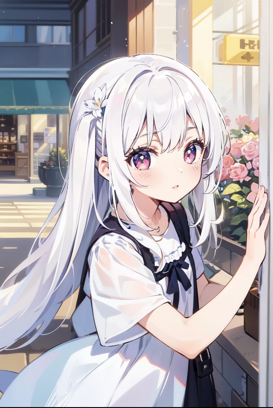 ((masterpiece, best quality))++, Detailed lighting+, Detailed hair+, Detail hand+ ,1 girl, Miss, Long hair, Crimson eyes, beautiful eyes, young white hair,,(Beautiful white hair:1.5),(Beautiful and delicate eyes), high resolution+,glass tint, Reflective eyes, {{angle}} , Very detailed wallpaper, The original, ,Sea of Flowers,Air bangs,city road,Double ponytails,Extremely beautiful CG,Girls shopping,Headband