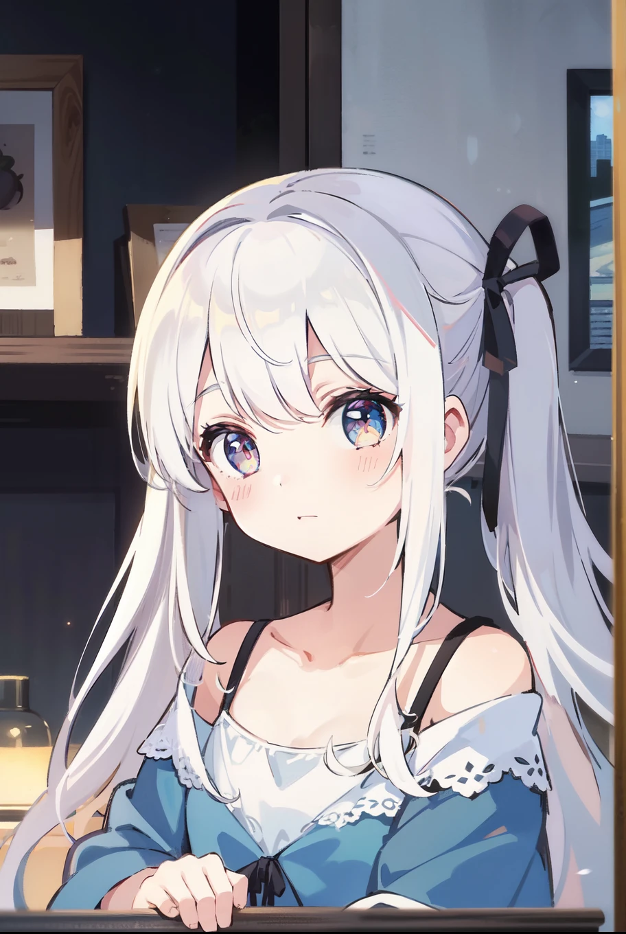 ((masterpiece, best quality))++, Detailed lighting+, Detailed hair+, Detail hand+ ,1 girl, Miss, Long hair, Crimson eyes, beautiful eyes, young white hair,,(Beautiful white hair:1.5),(Beautiful and delicate eyes), high resolution+,glass tint, Reflective eyes, {{angle}} , Very detailed wallpaper, The original, ,Sea of Flowers,Air bangs,city road,Double ponytails,Extremely beautiful CG,Girls shopping,Headband
