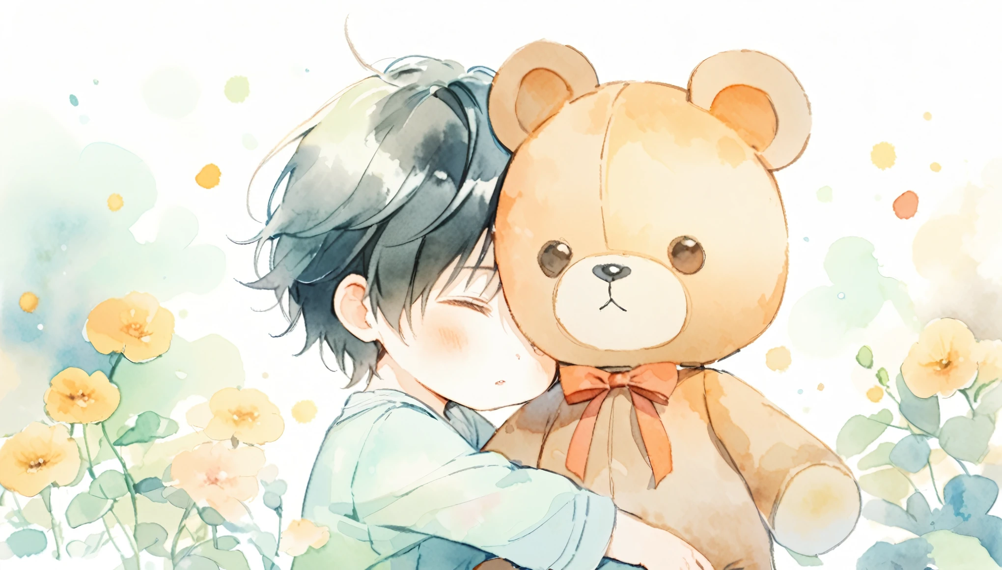 Two-year-old boy with black hair, watercolor, pale colors. teddy bear.