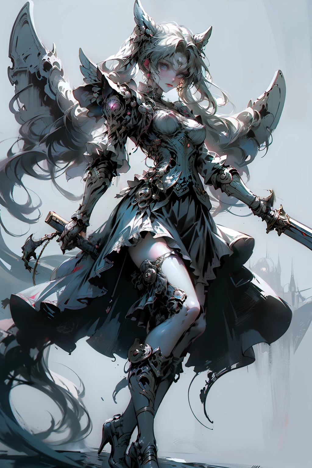 ((best quality)), ((masterpiece)), (detailed), blank white background, plain background, white background, Bloodborne inspired, occult aesthetic, occult, detailed and intricate steampunk and detailed gothic, NSFW, Very dramatic and cinematic lighting, cosmic horror, grim-dark, side-lighting, perfect face, a beaituful goddess valkyrie adorned and enshrined in armour, Bloodborne inspired valkyrie, occult aesthetic valkyrie, occult valkyrie, detailed and intricate steampunk and detailed gothic valkyrie, wielding a sword and holding a shield, NSFW, Fluttering lace flared long knee length dress with frilly petticoats, knee length dress, pleated petticoats, lolita dress, petticoats gothic lolita, side-lighting, gothic lolita aesthetic, beautiful small breasts, small breasts, full body, whole body, body, plain background, white background, blank background, no background, white background NSFW, full body, whole body, head-to-toe