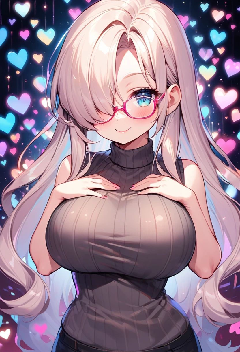 chibi, solo, adult lady, smile, long hair, hair over one eye, wearing glasses, sleeveless and Turtle Neck Sweater, big breast, hands on one's chest, hearts effects,