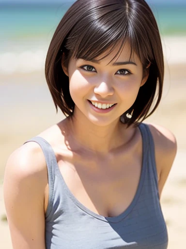 Japanese female 1 person, Middle-aged women: 0.1, Realistic, Exquisite face, alone, Large Breasts, Tight grey tank top. Beach, (White skin: 1.8, ), The look of temptation, Warm lighting: Sunny day, (RAW Photos:1.2), (Realistic), Full body shot,