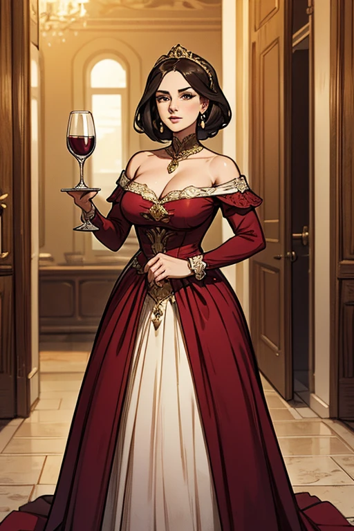 (1 garota, longos cabelos ruivos, olhos vermelhos, thin lips, rosto redondo, seios enormes cobertos, quadris largos, wearing clothes of the Victorian aristocracy,um vestido vermelho de gala,uma duquesa, arrogant and ironic look, standing holding a glass of wine, olhando para o espectador , palace gala hall scenery,SFW