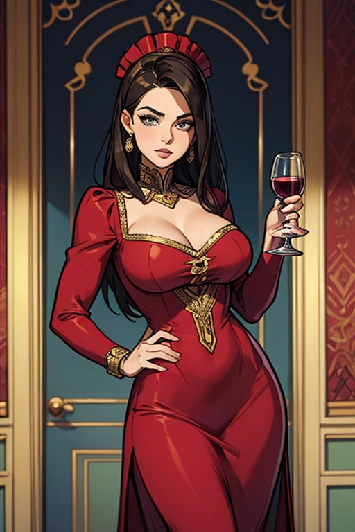 (1 garota, longos cabelos ruivos, olhos vermelhos, thin lips, rosto redondo, seios enormes cobertos, quadris largos, wearing clothes of the Victorian aristocracy,um vestido vermelho de gala,uma duquesa, arrogant and ironic look, standing holding a glass of wine, olhando para o espectador , palace gala hall scenery,SFW