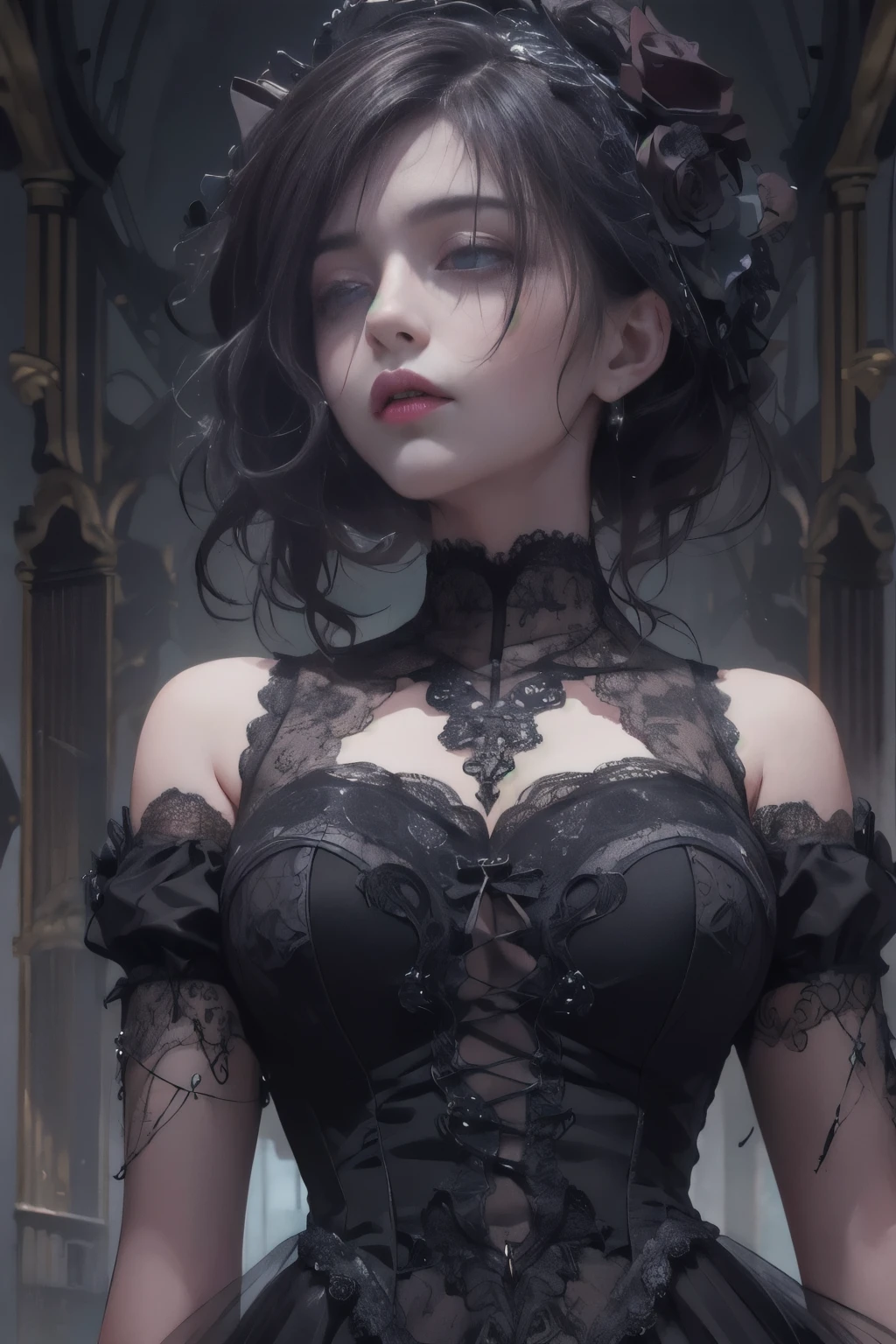 Official Art, Unity 8k wallpaper, super detailed, beautiful, beautiful, masterpiece, best quality,
darkness, atmosphere, mystery, romanticism, creepy, literature, art, fashion, victorian, decoration, intricacies, ironwork, lace, contemplation, emotional depth, supernatural,
1 girl, solo, neck, bust composition