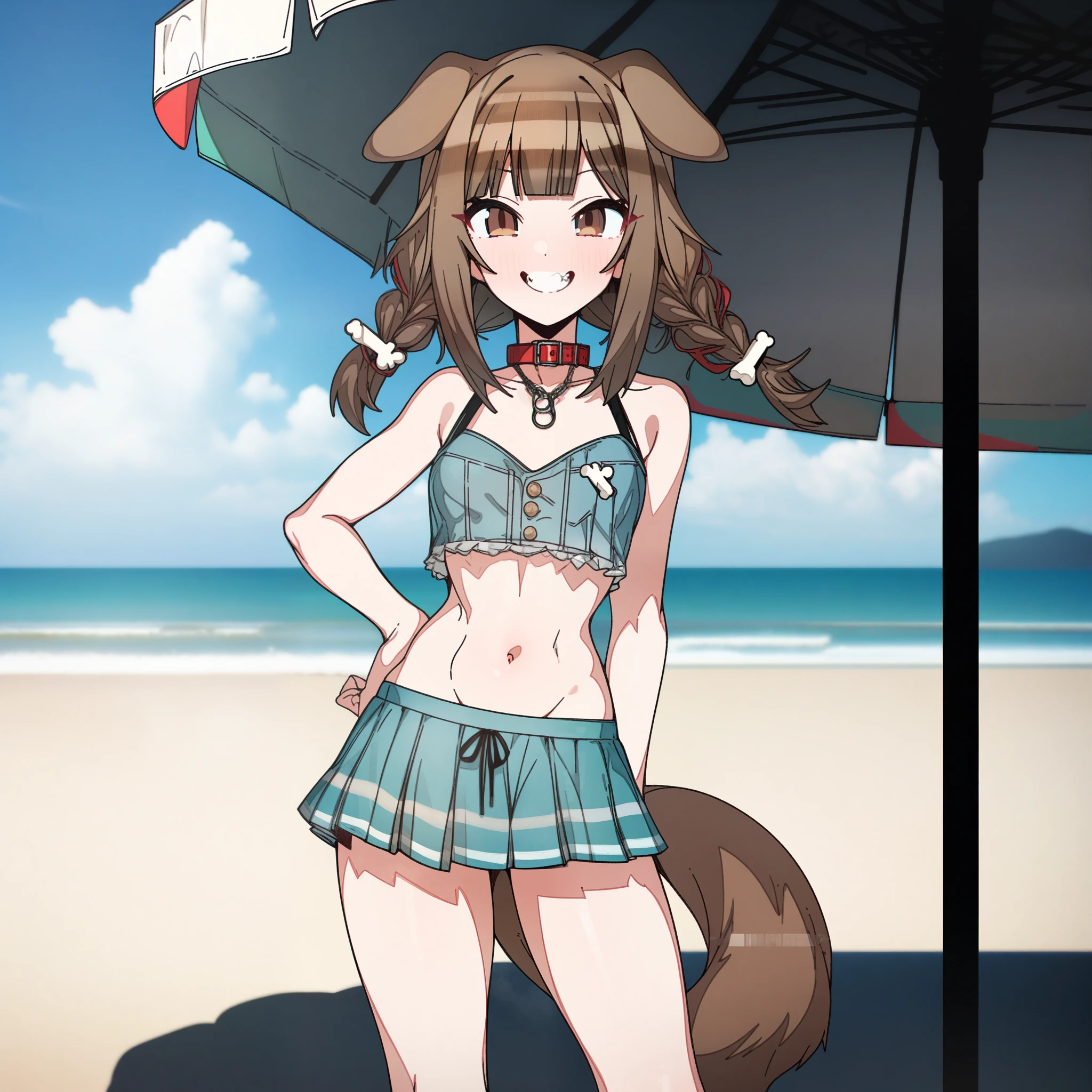 gawr_gura with brown hair and brown eyes, Artist, erere, Copyrights, idolmaster, idolmaster_shiny_colors, Character, General, 1girl, brown_hair, blunt_bangs, blush, medium_breasts, breasts, smile, detaild eyelashes, beatiful girl:1, brown_eyes, censored, crop_top, skirt, navel, dog_tail, animal_collar, twin_braids, dog_ears, bone_hair_ornament, contrapposto, teeth, (full_body) (standing in middle, beach_umbrella), sky:0.7, detailed, sand, outdoors, from_side, looking_at_viewer, masterpiece, best_quality, great_quality, girl, solo, center_composition, centered character, cute
