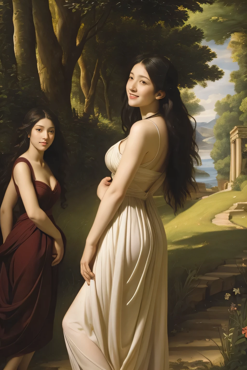 Giorgione painting style,Barbizon forest A beautiful woman in Greek dress smiles on the shore,Sweet and seductive appearance.、Caravaggio's paintings、Chiaroscuro of Caravaggio、hair tousled by the wind,Two women frolicking,cute smile, expression of ecstasy,Sexy,erotic, full body portrait