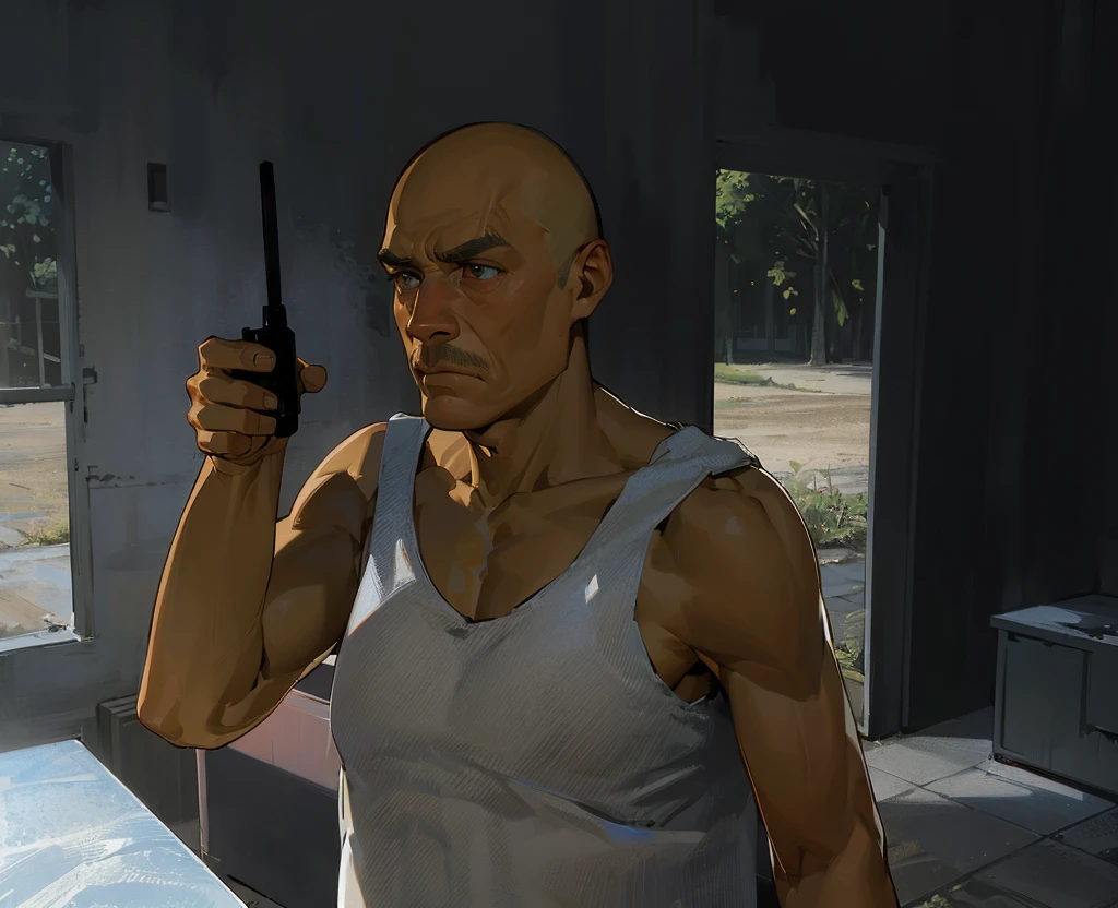 A highly detailed and ultra-realistic anile scene set in a dimly lit room with natural light coming through the windows and door. In the foreground, a middle-aged man stands holding a walkie-talkie to his mouth, appearing to communicate urgently. He has a bald head and dark brown skin with visible age lines and scars, adding character to his stern face. His eyes are sharp and focused, with a deep set that conveys determination and experience. His expression is serious, with slightly furrowed brows and a tight-lipped mouth, indicating the gravity of the situation.
He is wearing a plain, white tank top that shows his muscular build and the texture of his skin. The lighting accentuates the contours of his face and body, highlighting the fine details of his expression and physical features. The background includes a simple interior with some furniture and open windows that reveal a glimpse of a lush, green outdoor area. The soft, natural light filtering in adds depth and realism to the scene.
The overall atmosphere is tense and focused, capturing the intricate details of the man’s facial features, his determined expression, and the contrast between the dim interior and the bright outdoors.
