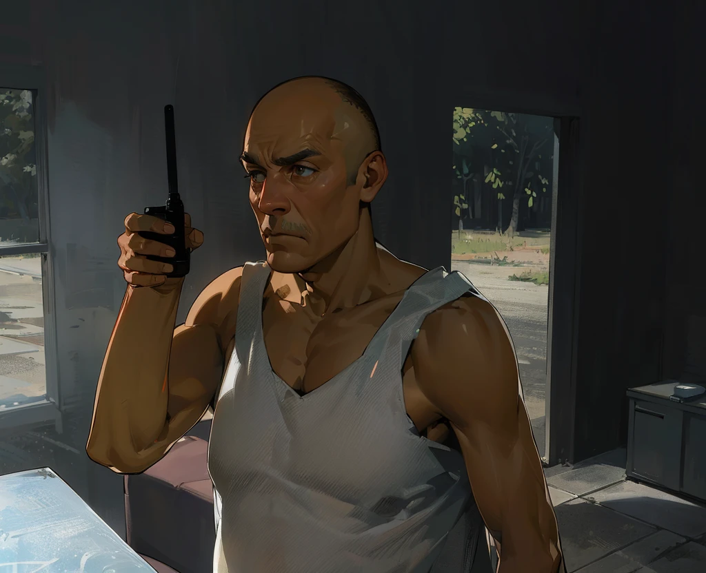 A highly detailed and ultra-realistic anile scene set in a dimly lit room with natural light coming through the windows and door. In the foreground, a middle-aged man stands holding a walkie-talkie to his mouth, appearing to communicate urgently. He has a bald head and dark brown skin with visible age lines and scars, adding character to his stern face. His eyes are sharp and focused, with a deep set that conveys determination and experience. His expression is serious, with slightly furrowed brows and a tight-lipped mouth, indicating the gravity of the situation.
He is wearing a plain, white tank top that shows his muscular build and the texture of his skin. The lighting accentuates the contours of his face and body, highlighting the fine details of his expression and physical features. The background includes a simple interior with some furniture and open windows that reveal a glimpse of a lush, green outdoor area. The soft, natural light filtering in adds depth and realism to the scene.
The overall atmosphere is tense and focused, capturing the intricate details of the man’s facial features, his determined expression, and the contrast between the dim interior and the bright outdoors.