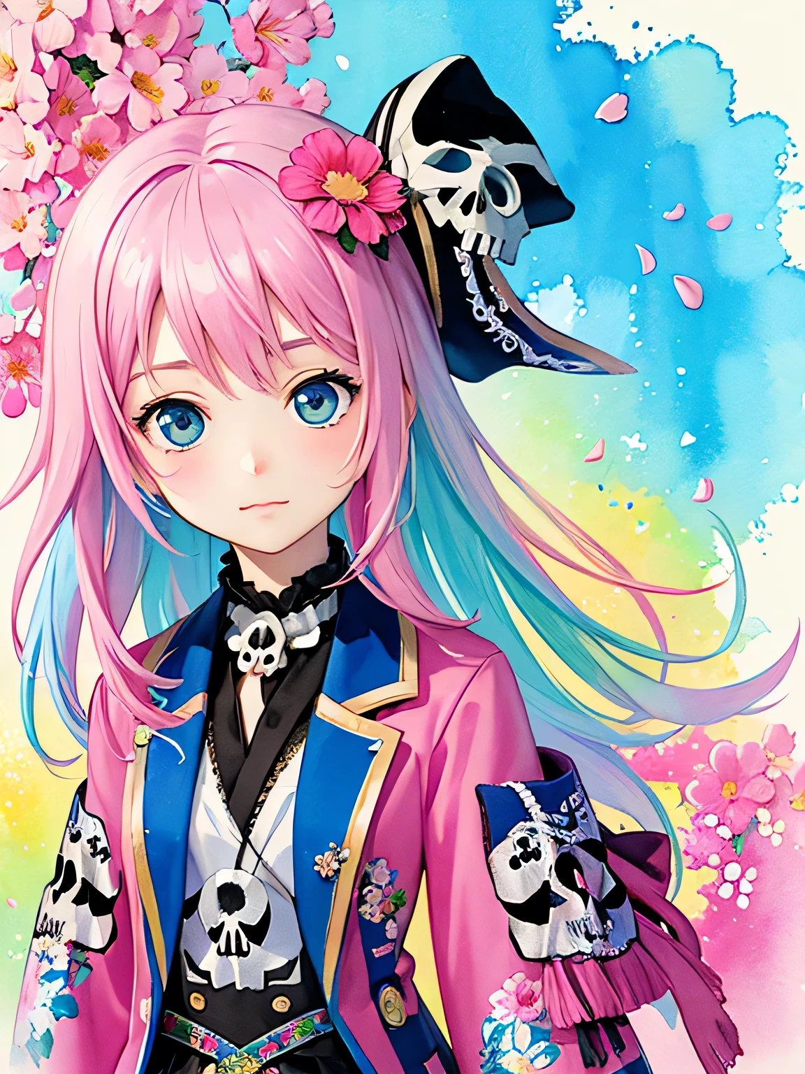 Momoko Sakura style、8K Quality、Intense watercolor, Detailed watercolor art, Watercolor splash, Surreal, avant-garde pop art, Beautiful and expressive paintings, Beautiful artwork illustration, Very colorful tones, wonderful, Cool beauty, highest quality、Official Art, Vector art, Stylish design, (((The most beautiful pirate girl))), (((highest quality))), HDR, ((detailed)), (((Doodle Art)), ((masterpiece)), ((Super detailed)), (((Colorful flowers))),(((skull fashion))),