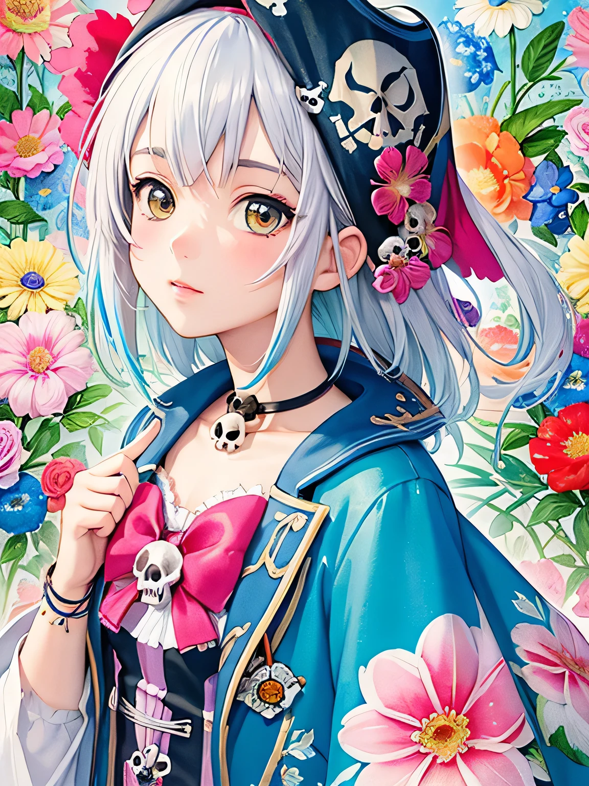 Momoko Sakura style、8K Quality、Intense watercolor, Detailed watercolor art, Watercolor splash, Surreal, avant-garde pop art, Beautiful and expressive paintings, Beautiful artwork illustration, Very colorful tones, wonderful, Cool beauty, highest quality、Official Art, Vector art, Stylish design, (((The most beautiful pirate girl))), (((highest quality))), HDR, ((detailed)), (((Doodle Art)), ((masterpiece)), ((Super detailed)), (((Colorful flowers))),(((skull fashion))),